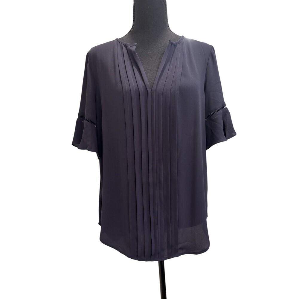 Ann Taylor Navy Pleated Front Split Neck blouse size S